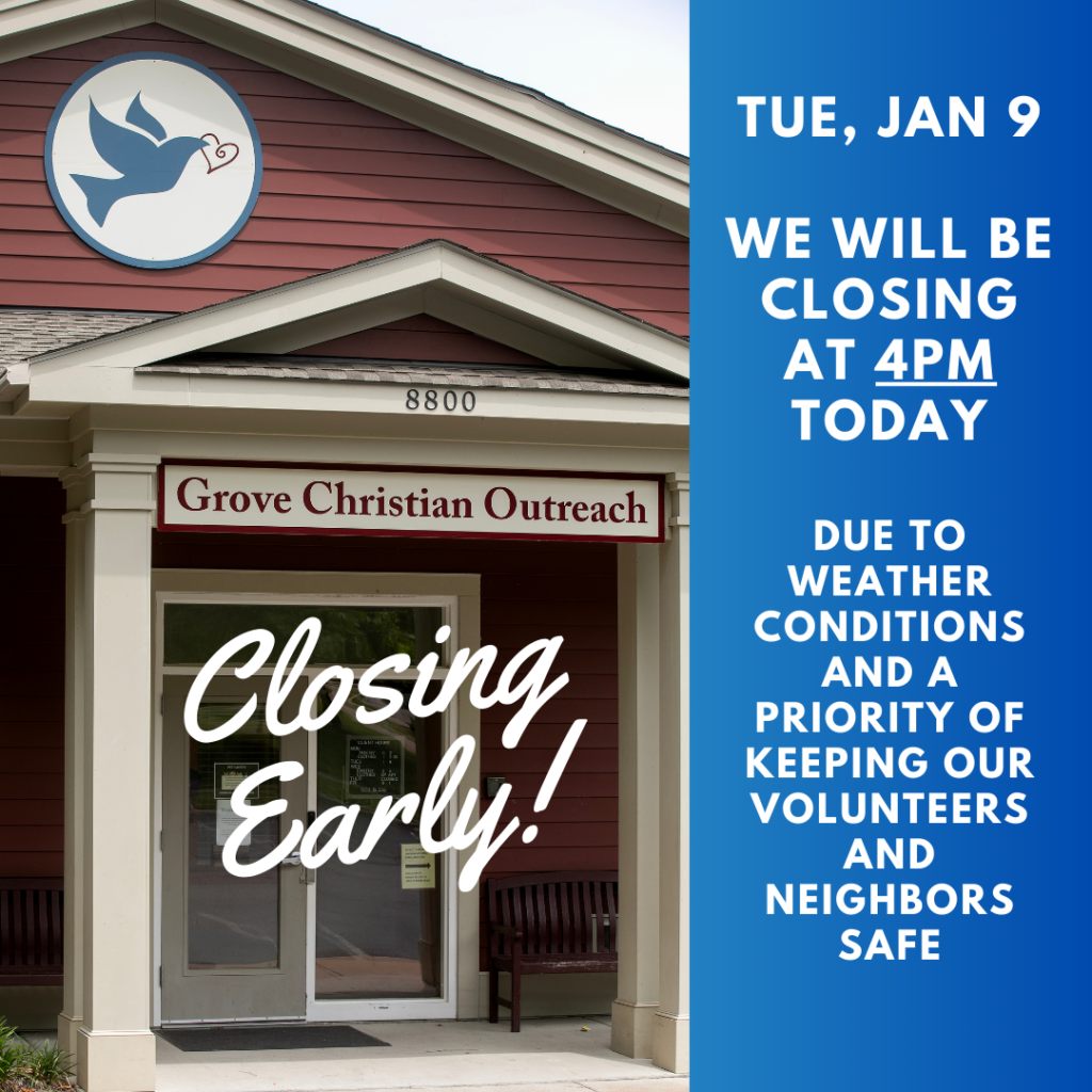 Storm Warning Tuesday Jan 9th: Outreach Center CLOSING EARLY at 4PM